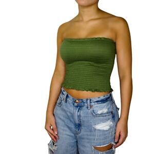 Y2k Olive Green Crop Smocked Little Tube Top Crop Top Small Cute